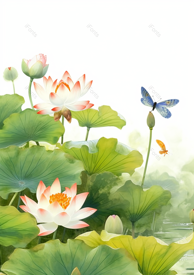 绿色自然清新池塘荷叶荷花胡蝶插画,插画/手绘图,插画/手绘图库,插画/手绘图下载,插画/手绘